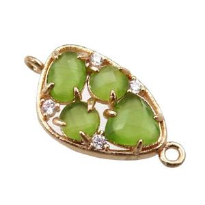 copper teardrop connector paved zircon with olive crystal glass, hollow, gold plated, approx 12-18mm [FD11069]