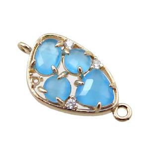 copper teardrop connector paved zircon with blue crystal glass, hollow, gold plated, approx 12-18mm [FD11073]
