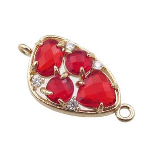 copper teardrop connector paved zircon with red crystal glass, hollow, gold plated, approx 12-18mm [FD11076]