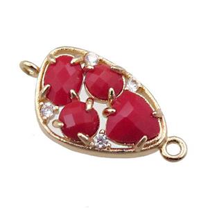 copper teardrop connector paved zircon with red crystal glass, hollow, gold plated, approx 12-18mm [FD11077]