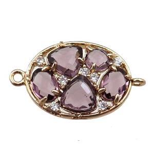 copper oval connector paved zircon with purple crystal glass, hollow, gold plated, approx 15-20mm [FD11083]