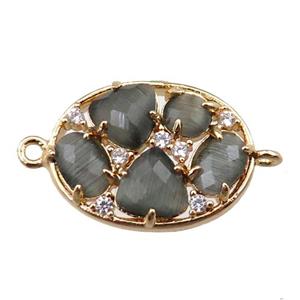 copper oval connector paved zircon with gray crystal glass, hollow, gold plated, approx 15-20mm [FD11084]