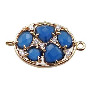 copper oval connector paved zircon with blue crystal glass, hollow, gold plated, approx 15-20mm [FD11087]