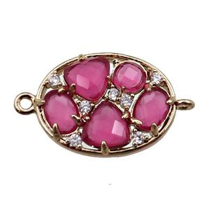 copper oval connector paved zircon with hotpink crystal glass, hollow, gold plated, approx 15-20mm [FD11094]