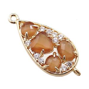 copper teardrop connector paved zircon with peach crystal glass, hollow, gold plated, approx 12-22mm [FD11099]