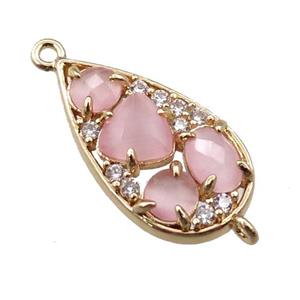copper teardrop connector paved zircon with pink crystal glass, hollow, gold plated, approx 12-22mm [FD11101]