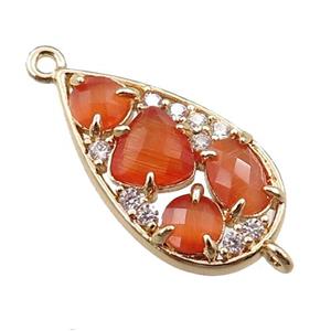 copper teardrop connector paved zircon with orange crystal glass, hollow, gold plated, approx 12-22mm [FD11102]