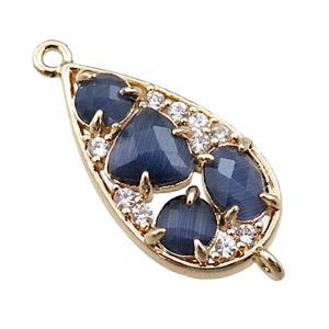 copper teardrop connector paved zircon with inkblue crystal glass, hollow, gold plated, approx 12-22mm [FD11103]