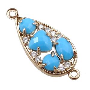 copper teardrop connector paved zircon with blue crystal glass, hollow, gold plated, approx 12-22mm [FD11104]