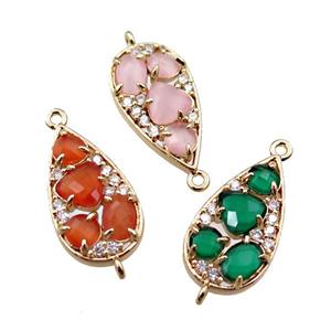 copper teardrop connector paved zircon with crystal glass, mixed, hollow, gold plated, approx 12-22mm [FD11107]