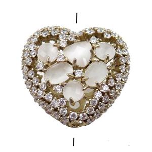copper heart beads paved zircon with white crystal glass, hollow, gold plated, approx 25mm [FD11118]
