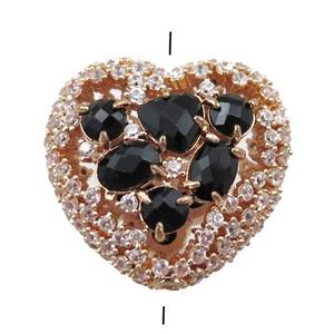 copper heart beads paved zircon with black crystal glass, hollow, gold plated, approx 25mm [FD11120]