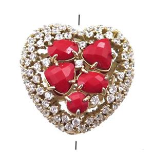 copper heart beads paved zircon with red crystal glass, hollow, gold plated, approx 25mm [FD11121]