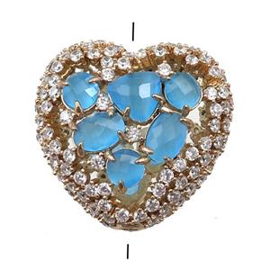 copper heart beads paved zircon with blue crystal glass, hollow, gold plated, approx 25mm [FD11122]