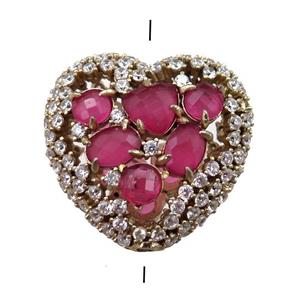 copper heart beads paved zircon with hotpink crystal glass, hollow, gold plated, approx 25mm [FD11124]