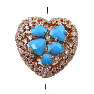 copper heart beads paved zircon with blue crystal glass, hollow, gold plated, approx 25mm [FD11127]