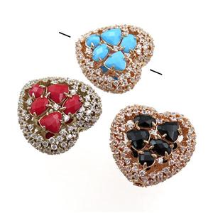 copper heart beads paved zircon with crystal glass, hollow, mixed, gold plated, approx 25mm [FD11128]
