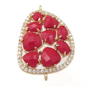 copper teardrop connector paved zircon with red crystal glass, hollow, gold plated, approx 22-28mm [FD11168]