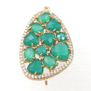 copper teardrop connector paved zircon with green crystal glass, hollow, gold plated, approx 22-32mm [FD11170]