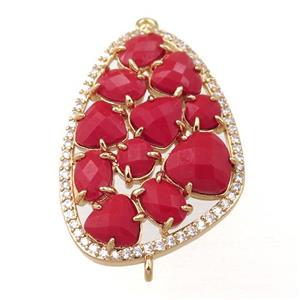 copper teardrop connector paved zircon with red crystal glass, hollow, gold plated, approx 22-32mm [FD11171]
