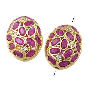 copper oval beads paved hotpink zircon, hollow, gold plated, approx 17-22mm [FD11179]
