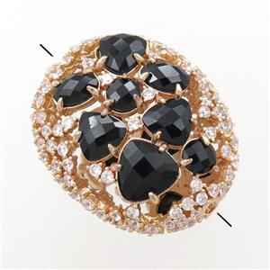copper oval beads paved zircon with black crystal glass, hollow, gold plated, approx 25-30mm [FD11195]