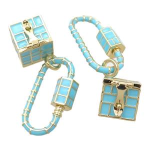 copper carabiner pendant with wish box, turq blue enameled, gold plated, approx 13mm, 14-29mm [FD11196]