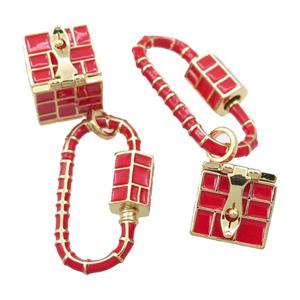 copper carabiner pendant with wish box, red enameled, gold plated, approx 13mm, 14-29mm [FD11197]