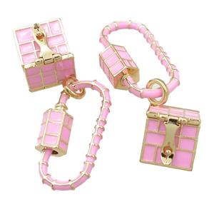 copper carabiner pendant with wish box, pink enameled, gold plated, approx 13mm, 14-29mm [FD11198]