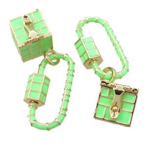 copper carabiner pendant with wish box, green enameled, gold plated, approx 13mm, 14-29mm [FD11199]