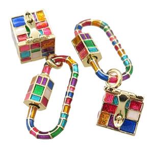 copper carabiner pendant with wish box, multicolor enameled, gold plated, approx 13mm, 14-29mm [FD11201]