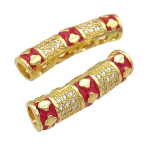 copper tube beads paved zircon with red enaeml, large hole, gold plated, approx 8-30mm, 5mm hole [FD11321]