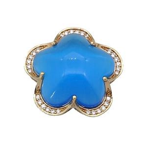 copper Flower pendant paved blue Cat Eye Crystal, gold plated, approx 25mm [FD11349]