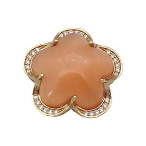 copper Flower pendant paved peach Cat Eye Crystal, gold plated, approx 25mm [FD11352]