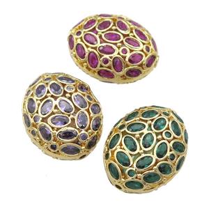 copper oval beads pave zircon, hollow, mixed, gold plated, approx 20-26mm [FD11653]
