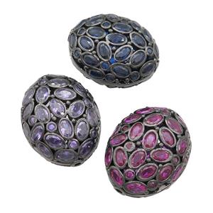 copper oval beads pave zircon, mix, hollow, black plated, approx 20-26mm [FD11659]