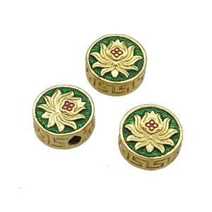 Copper Coin Beads Green Enamel Lotus Gold Plated, approx 9mm dia [FD11687]