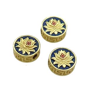 Copper Coin Beads Blue Enamel Lotus Gold Plated, approx 9mm dia [FD11688]