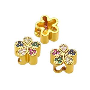 Copper Flower Beads Pave Zircon Large Hole Gold Plated, approx 11mm, 4mm hole [FD12080]
