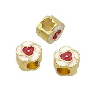 Copper Flower Beads White Enamel Large Hole Gold Plated, approx 10mm, 4.5mm hole [FD12081]