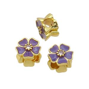 Copper Flower Beads Purple Enamel Large Hole Gold Plated, approx 12mm, 4mm hole [FD12083]