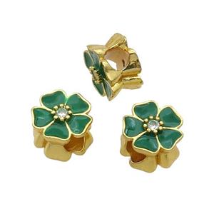 Copper Flower Beads Green Enamel Large Hole Gold Plated, approx 12mm, 4mm hole [FD12084]