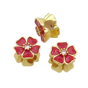Copper Flower Beads Red Enamel Large Hole Gold Plated, approx 12mm, 4mm hole [FD12085]