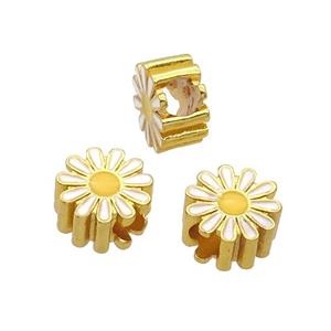 Copper Daisy Flower Beads White Enamel Large Hole Gold Plated, approx 11.5mm, 4mm hole [FD12087]