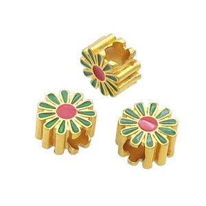 Copper Daisy Flower Beads Green Enamel Large Hole Gold Plated, approx 11.5mm, 4mm hole [FD12088]