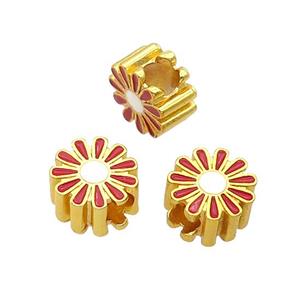 Copper Daisy Flower Beads Red Enamel Large Hole Gold Plated, approx 11.5mm, 4mm hole [FD12089]