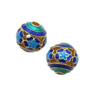 Alloy Round Beads Blue Enamel Hollow Gold Plated, approx 12mm dia [FD12091]