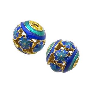 Alloy Round Beads Blue Enamel Hollow Gold Plated, approx 14mm dia [FD12092]