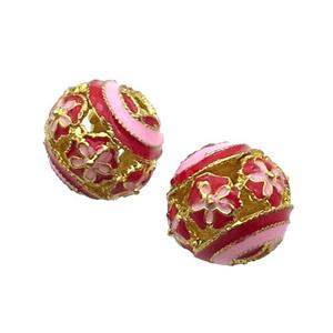 Alloy Round Beads Red Enamel Hollow Gold Plated, approx 14mm dia [FD12093]