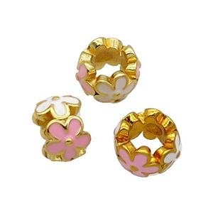 Copper Flower Beads White Pink Enamel Large Hole Gold Plated, approx 10mm, 5mm hole [FD12094]